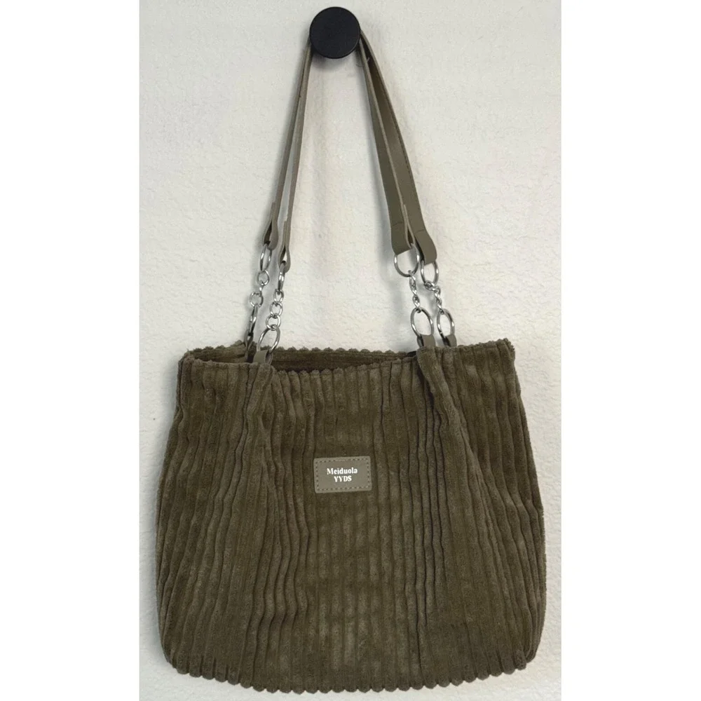 Meiduola‎ YYDS Corduroy Tote Bag Soft Green Ribbed Purse Tote Shoulder Bag